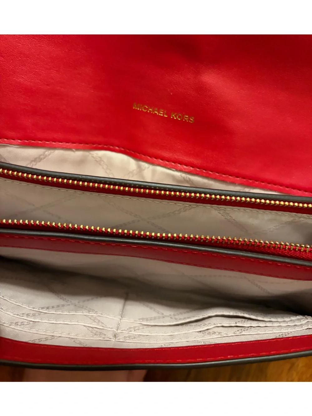 Michael Kors Red Leather Crossbody with Gold Chain and Jewel Accent